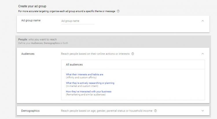 Creating your ad group step 1